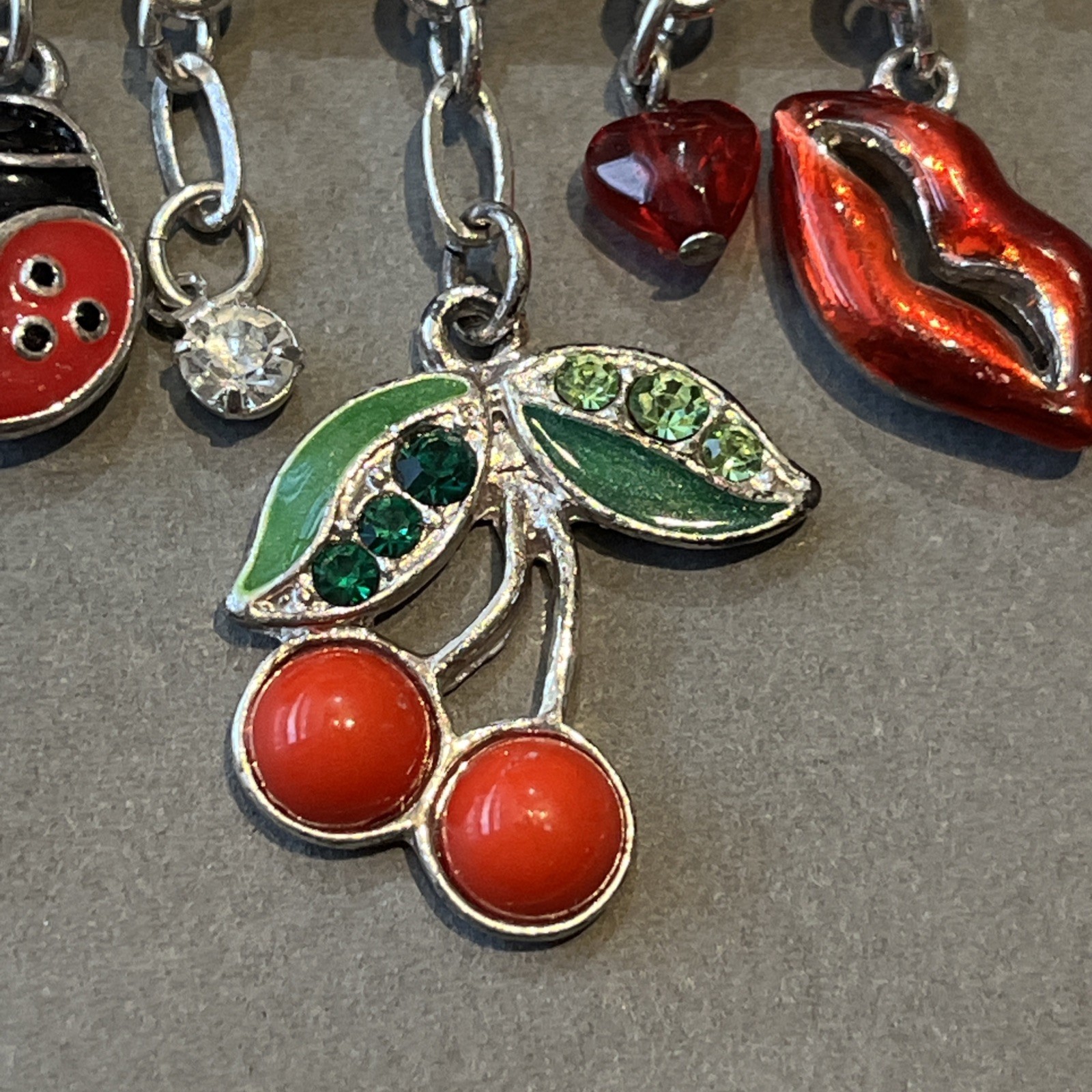 Vtg Lucky Charm Safety Pin Brooch Lips Heart Cherries Ladybug Nature Love & Luck