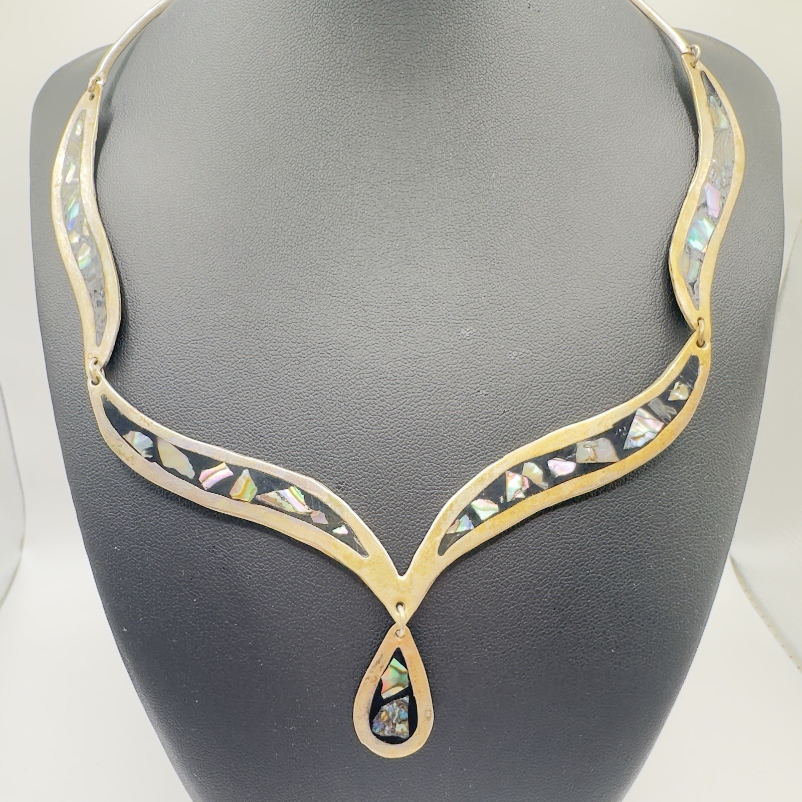 Vintage Mexican Alpaca Abalone Inlay Necklace 17″ Panel Link Drop Pendant