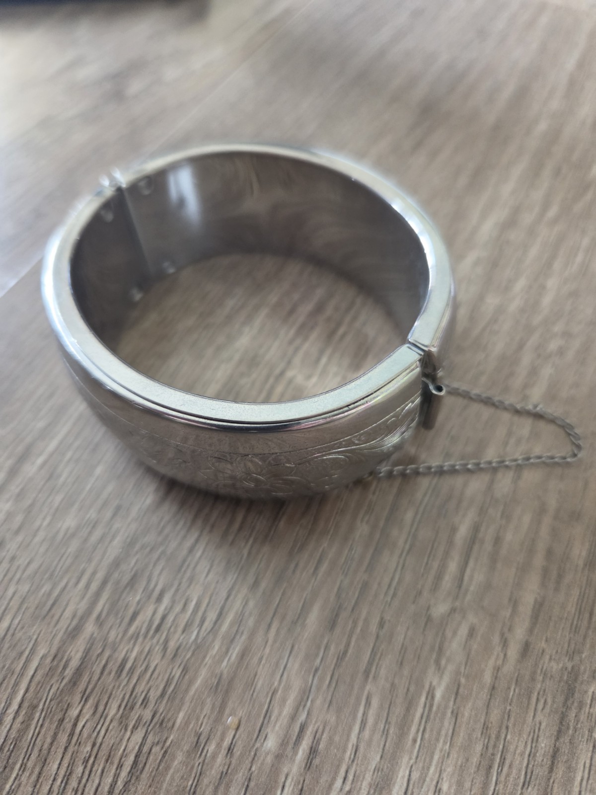Vintage Silver Tone Cuff Bracelet with Engraving and Safety Chain