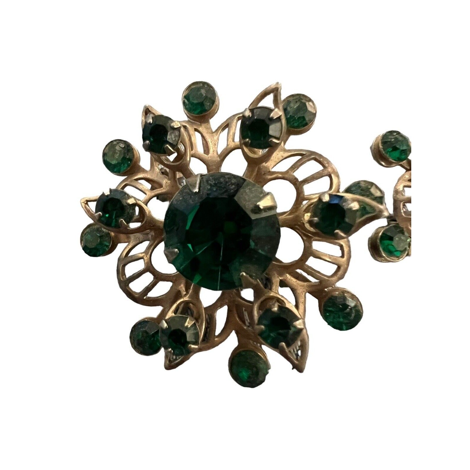 Rhinestone Faux Emerald Ruby Flower Gold Tone BROOCH Pin Vtg Jewelry Set Of 2