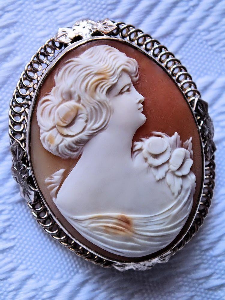 ESTATE VINTAGE 12K GOLD FILLED FANCY FILIGREE SETTING SHELL CAMEO BROOCH *FLORA*