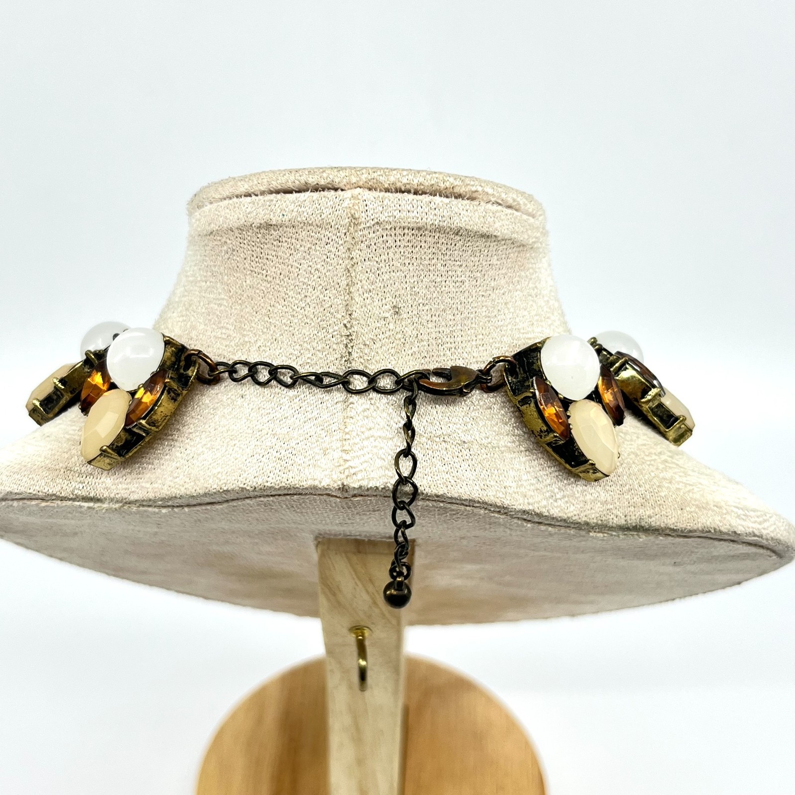 VTG Antique Gold Tone Multi-Stone Statement Collar Necklace Amber Cream White