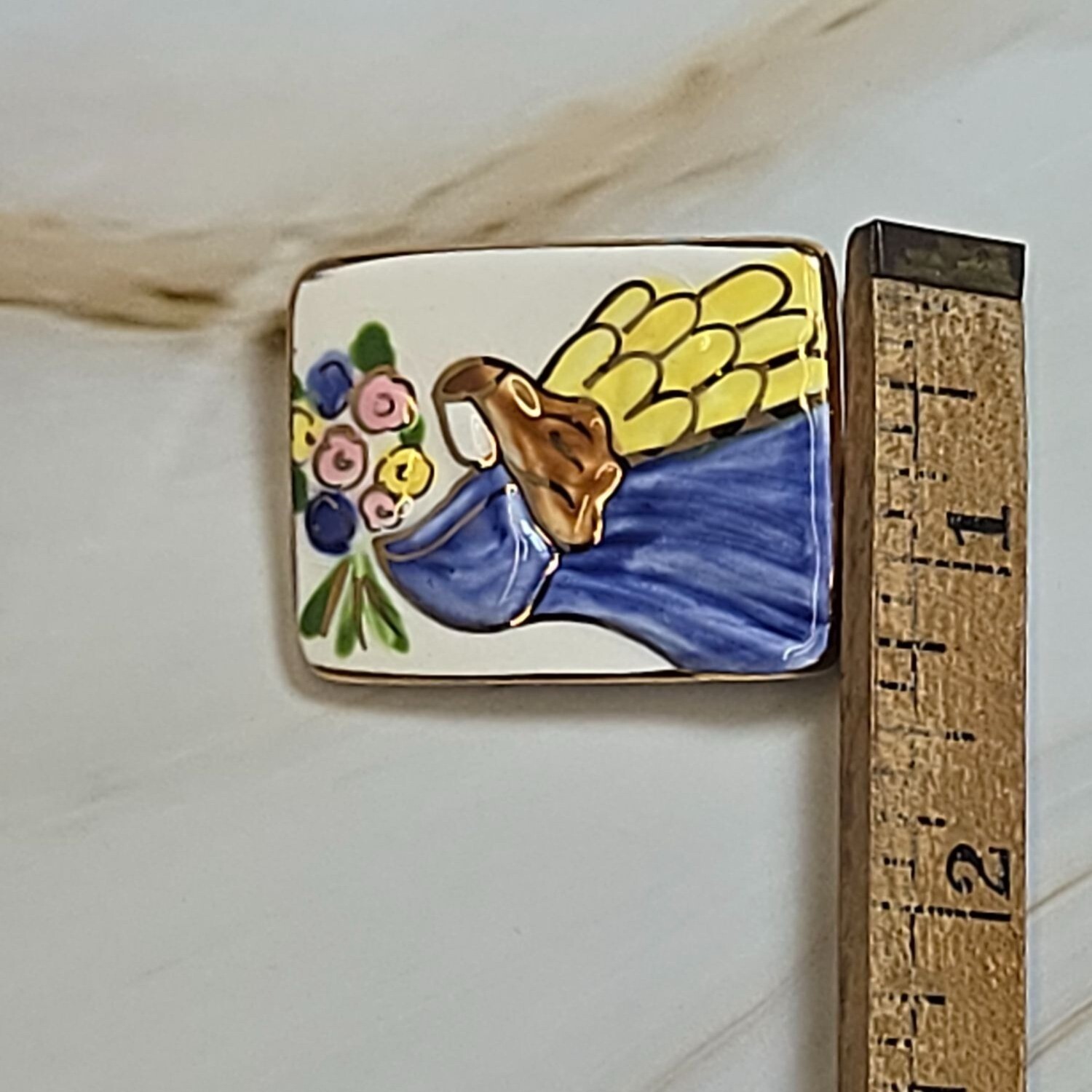Ceramic Brooch Angel Hand-painted Watercolor Gold Gild Floral Vintage Jewelry…