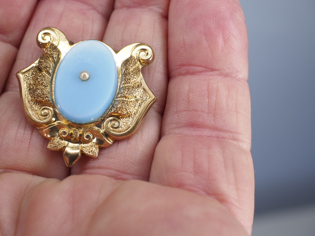 Antique gold brooch blue opaline glass hollow pin tube hinge C-clasp jewelry