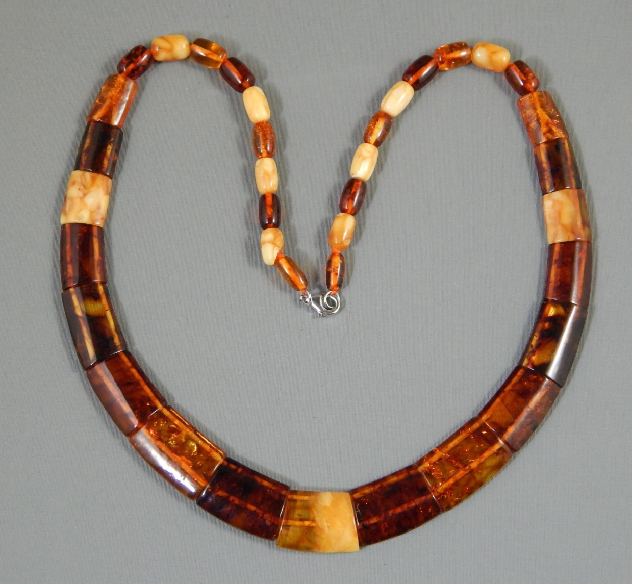 Estate Signed PL Graduated Flat Baltic Butterscotch & Cognac Amber Necklace 18″