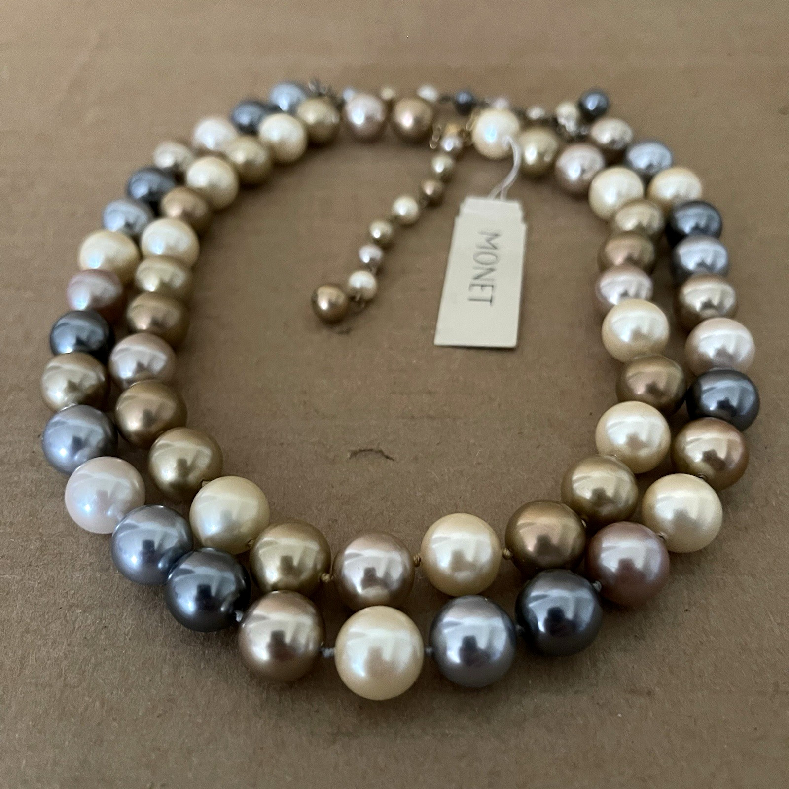 Vintage Monet Faux Pearl Necklace Set of 2 Multicolor Cream Gray Gold Jewelry