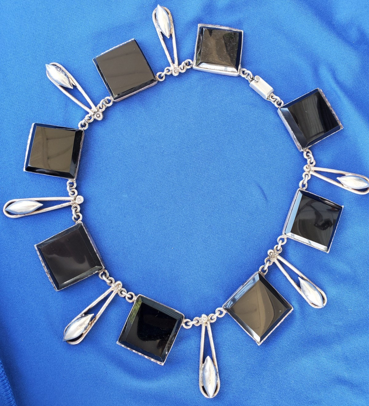 Original STERLING SILVER 925 Deco Onyx Modernist Necklace 186 Gr Vintage 18″ In