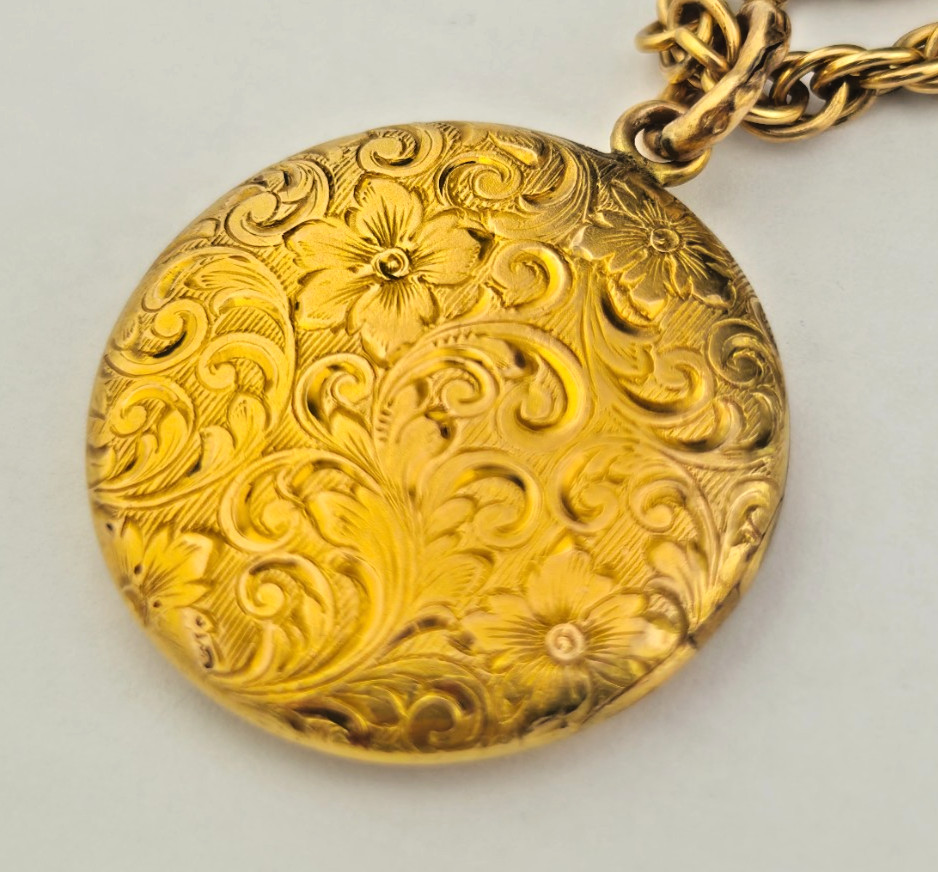 Antique W&SB 1/4 Gold Shell Fill Art Nouveau 3cm Locket Rope Chain Necklace
