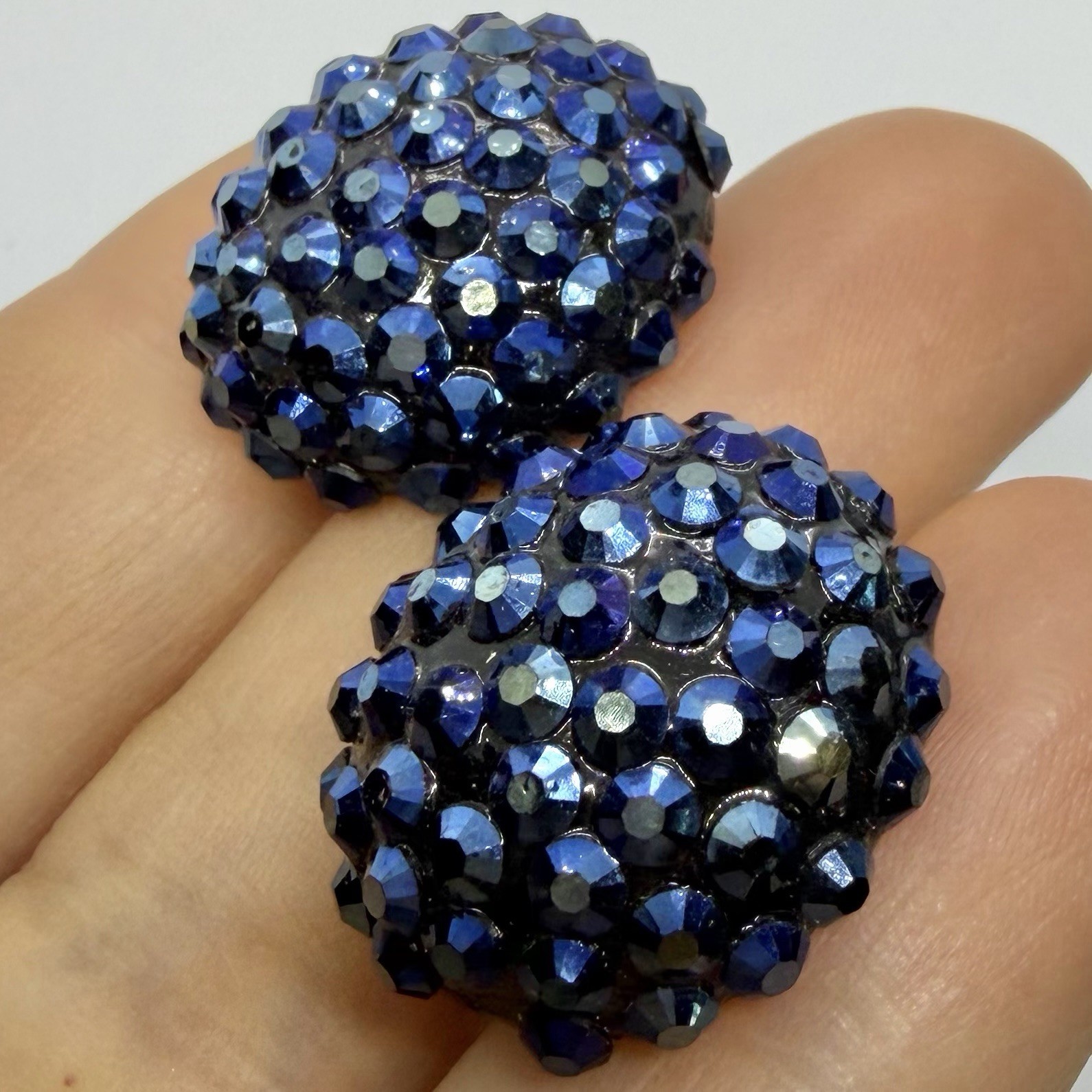 Vtg Blue Rhinestone Encrusted Dome AB Huggie Earrings Clip-on