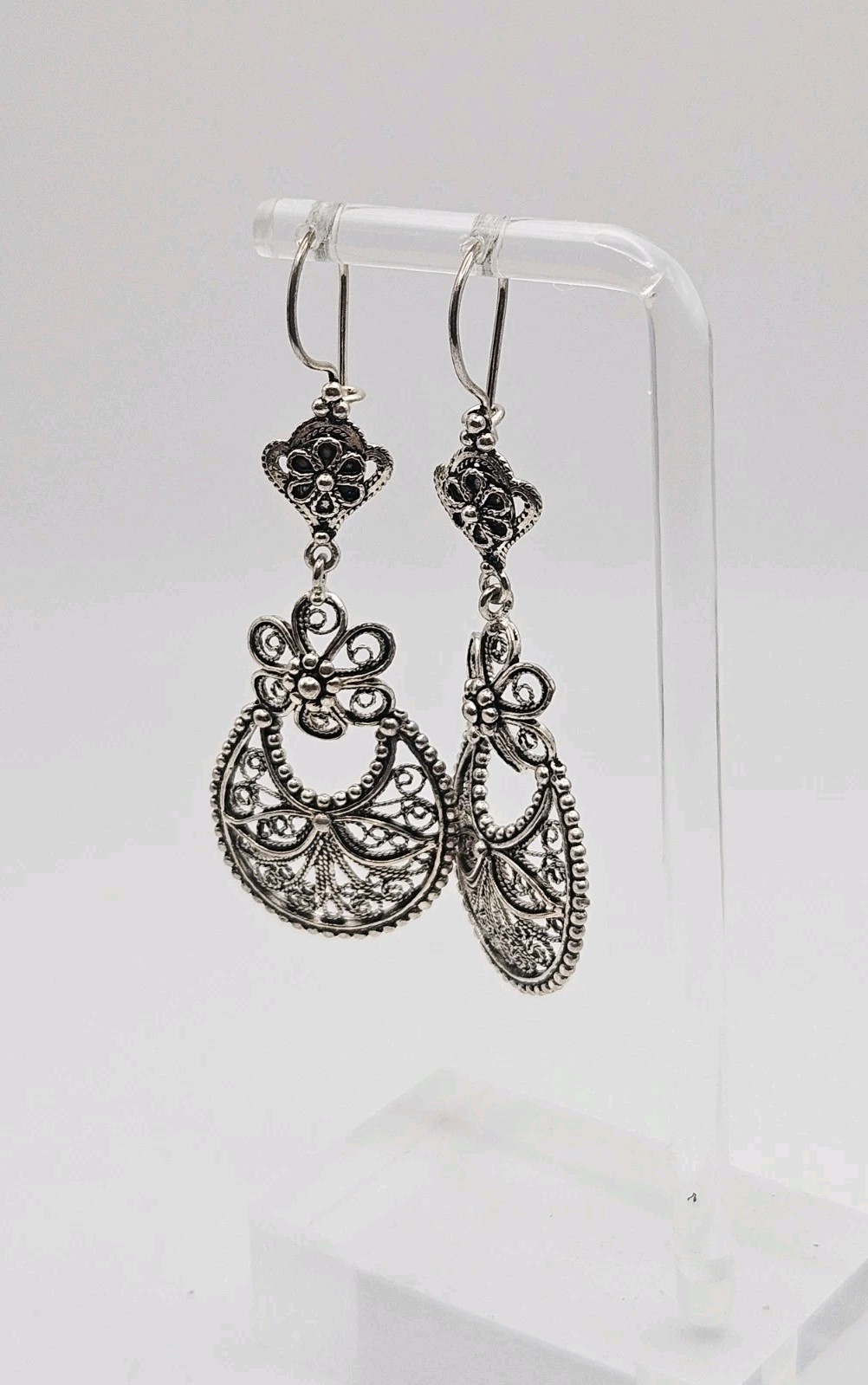 DGS Turkey Sterling Silver Filigree Floral Dangle Earrings 2.60″