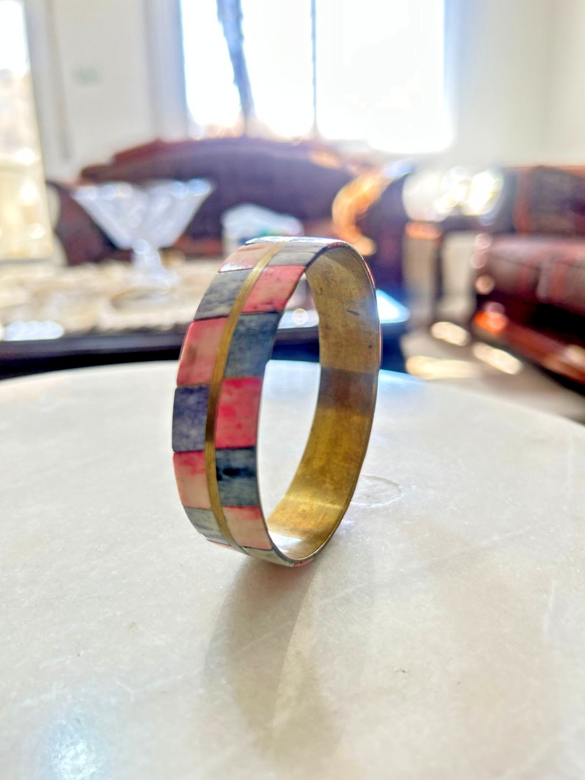 Vintage Brass Mosaic Inlay Bangle Bracelet Pink Gray Stone Boho Ethnic VTG