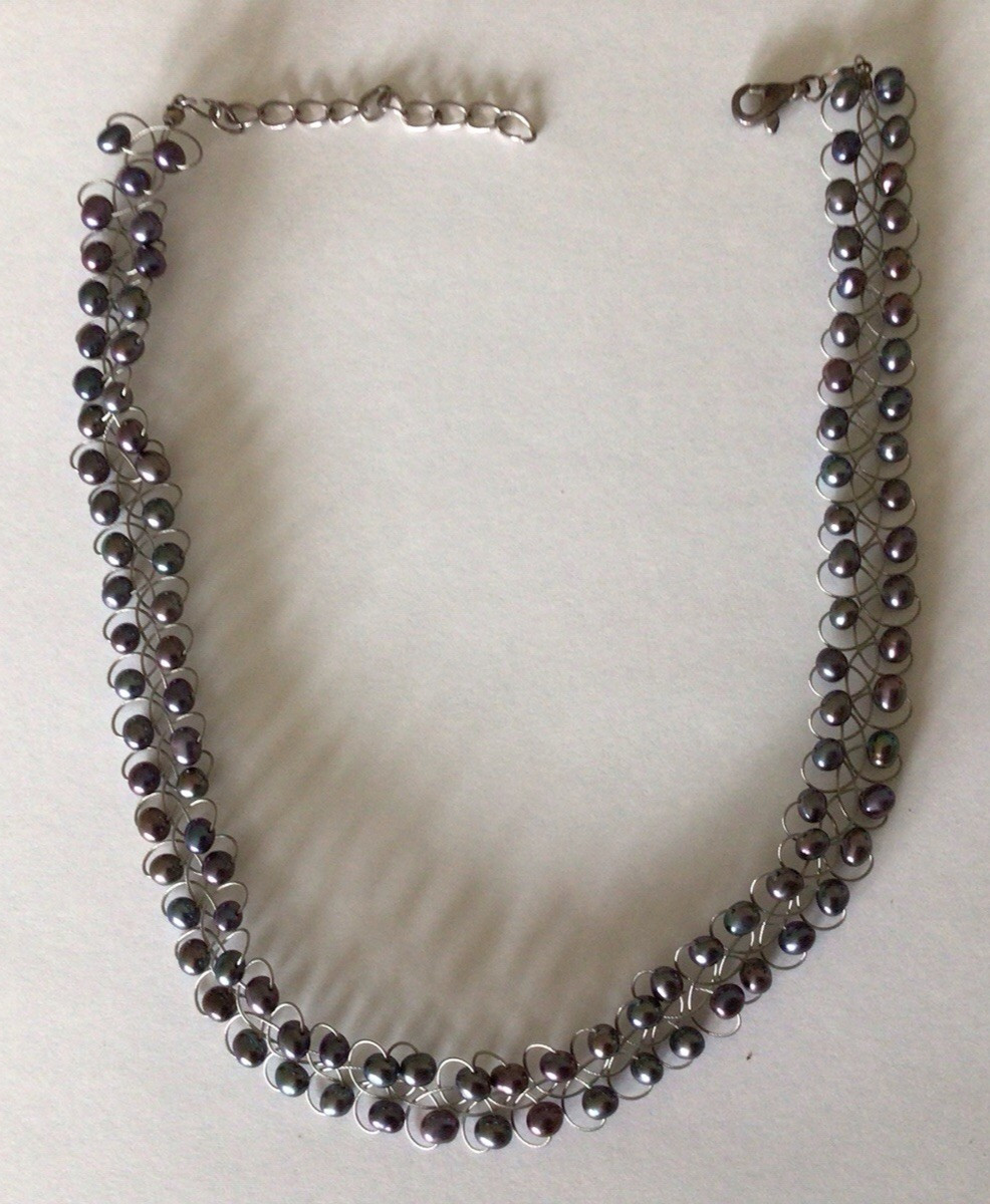 Vintage real gray pearl choker necklace 2 rows 4MM pearl with adjustable clasp