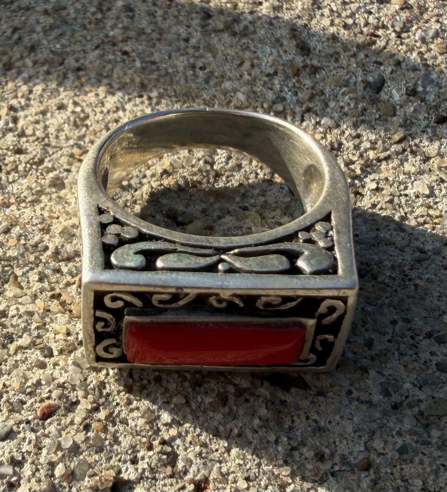 Sterling Silver Red Coral Rectangular Ring Sz 7.25