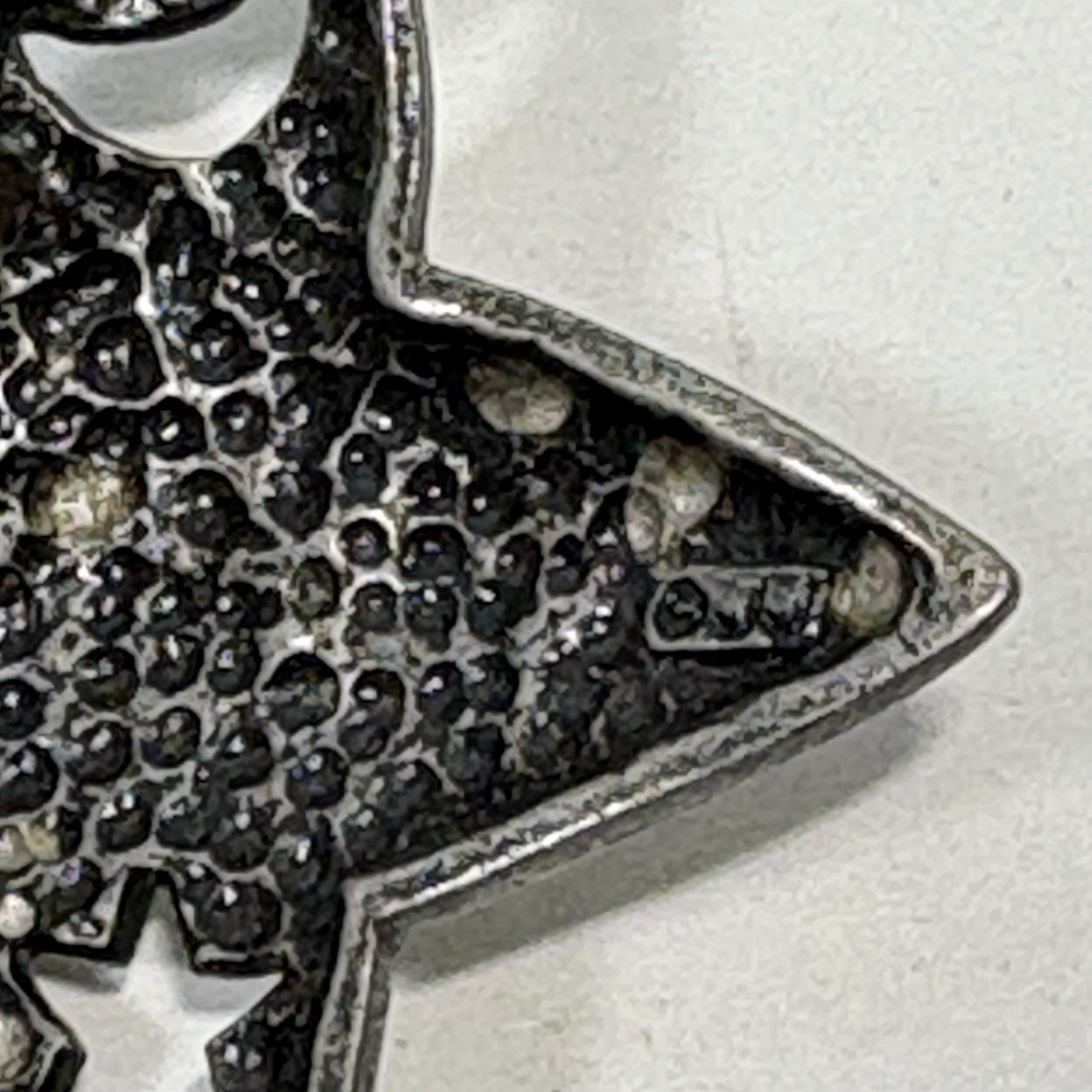 Vintage J.J Jonette Pewter Star Crescent Moon Pin Crystals Pierced Celestial 2″