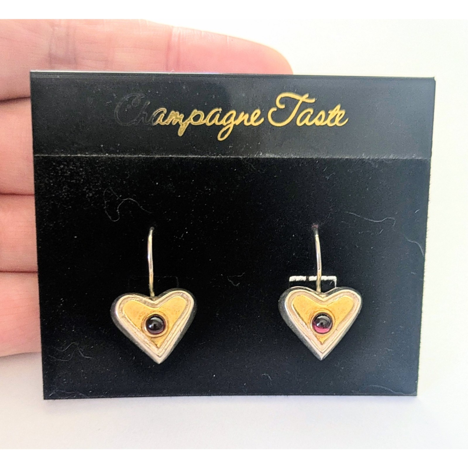 Vintage Sterling Silver Garnet Cabachon 2 Tone Heart Hook Back Earrings