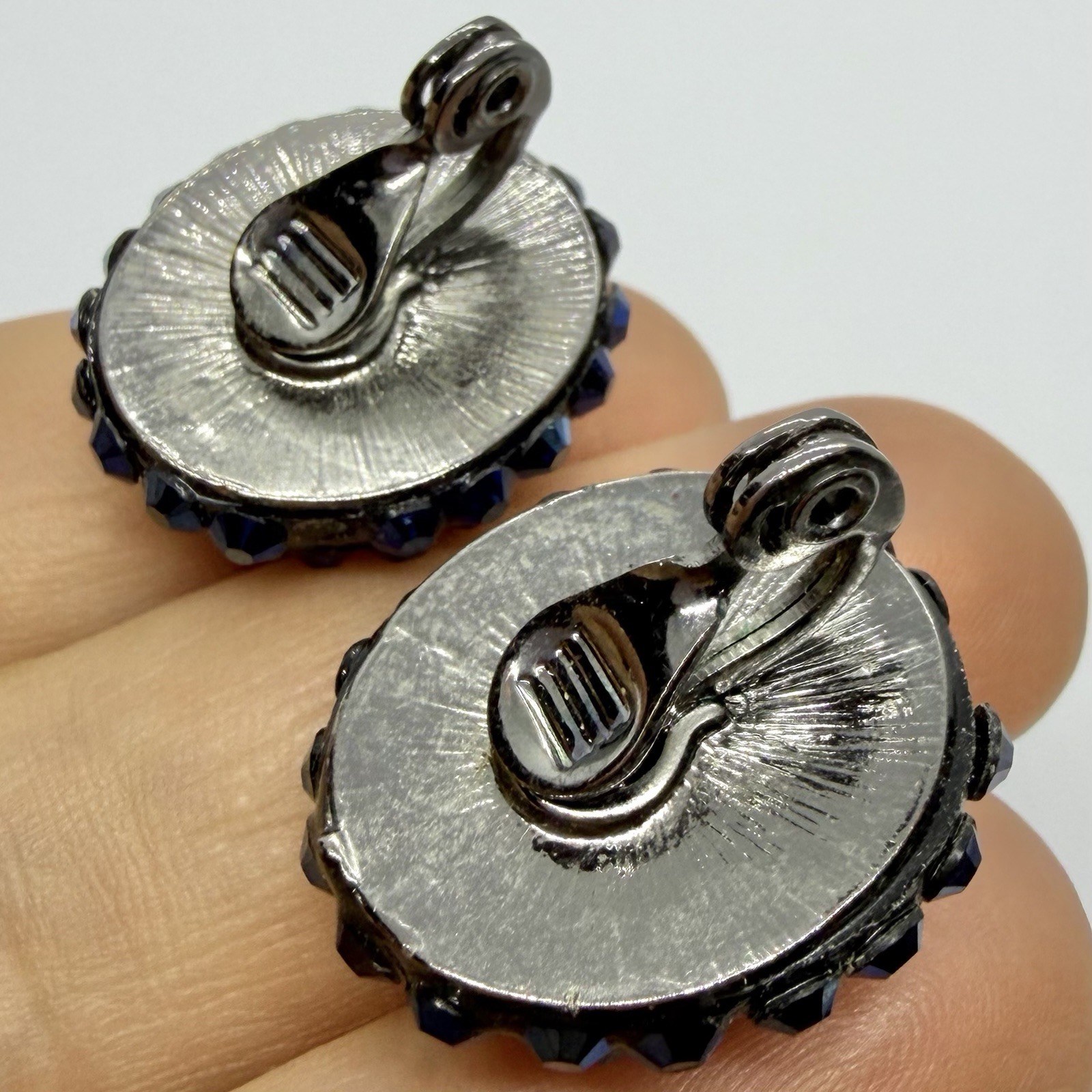 Vtg Blue Rhinestone Encrusted Dome AB Huggie Earrings Clip-on