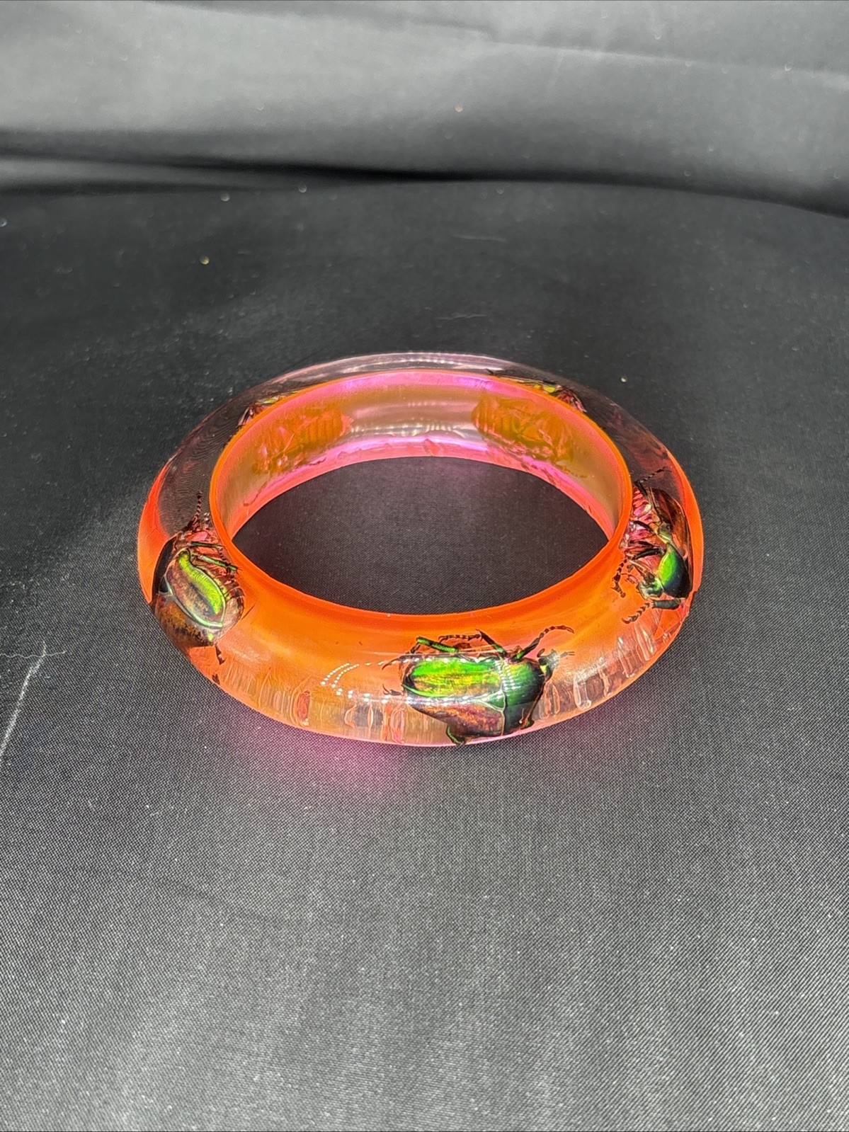 Clear Vibrant Pink Vtg Beetle Bracelet Translucent Resin, Lrg,1960s, NOS #16