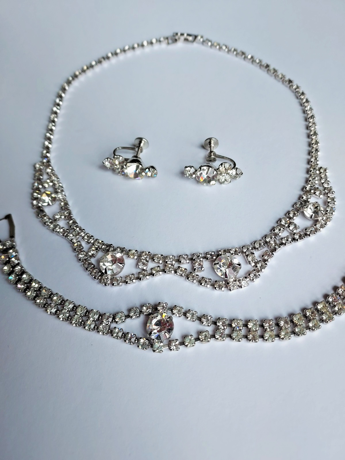 Rhinestone Parure 3 Piece Crystal Clear Bracelet Earrings Necklace Vintage Set