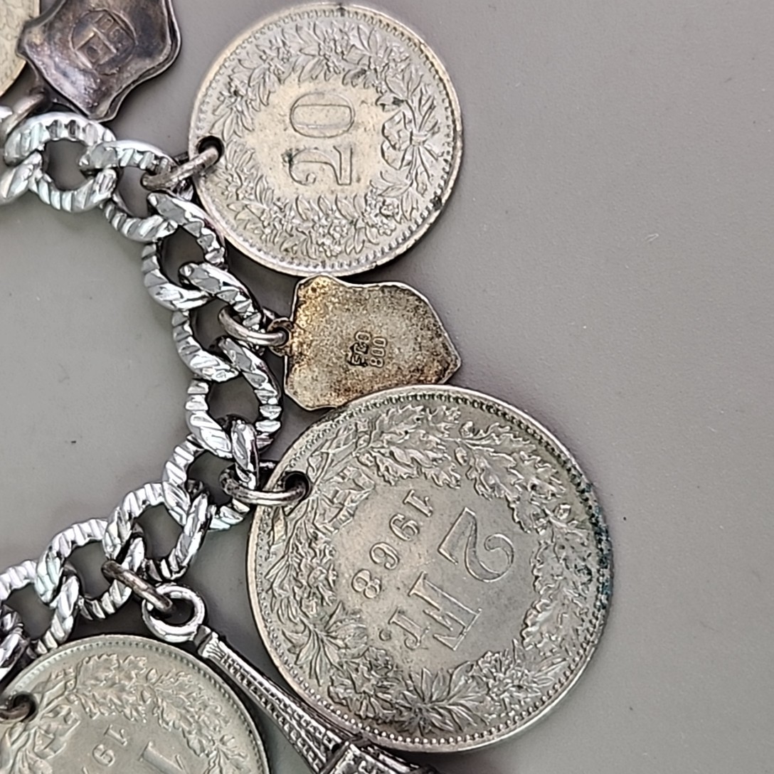 Vintage Coin Charm Bracelet Sterling Silver Plated Souvenir England France Franc