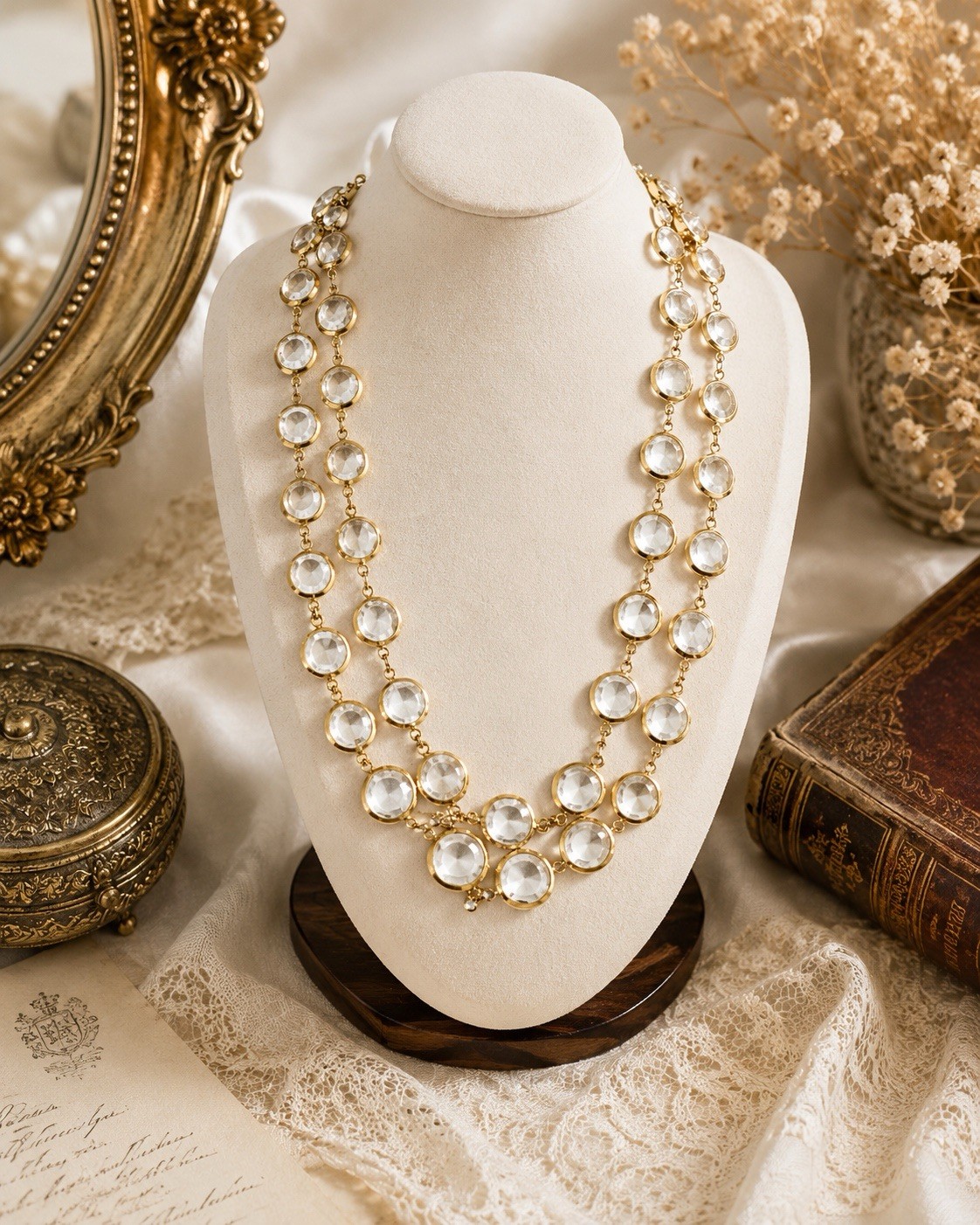 Vintage Swarovski Clear Crystal Station Necklace Gold Tone Open Back Bezel 34”