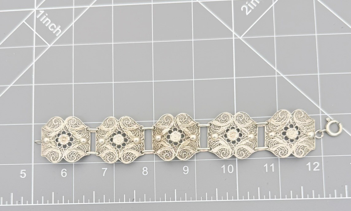 Antique 835 Silver Filigree 5 Panel Bracelet 7.25″ Wearable 21.2g