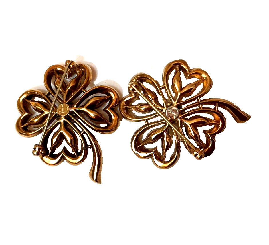 Vintage Crown Trifari Sterling Sillver Clover Brooch Pin Goldtone Set of 2