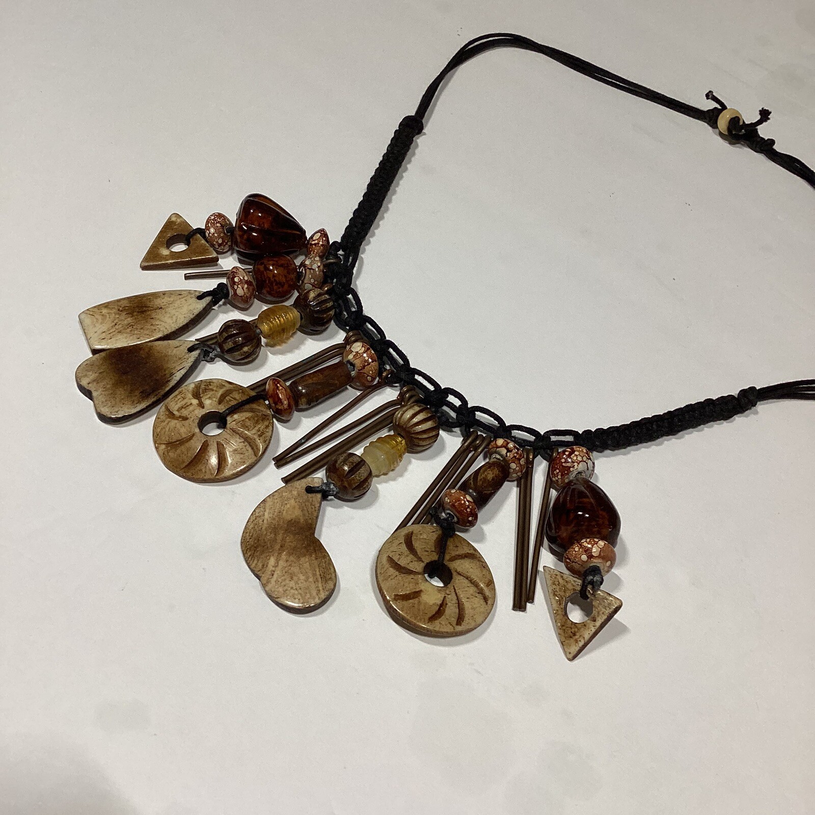 VTG African Rustic Carved Stone Earth Tone Beads Necklace Boho Cottage-core HTF