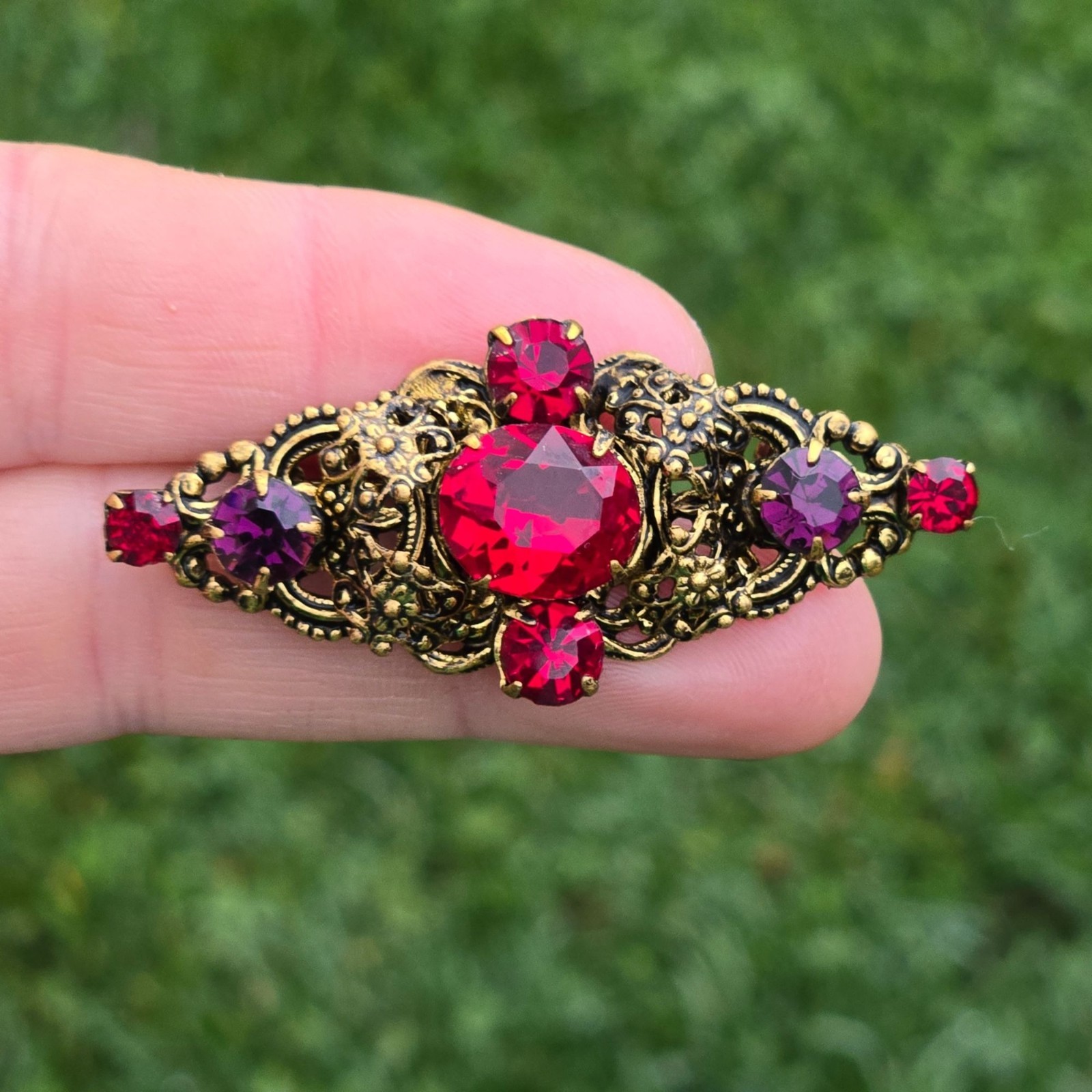 Antique Brooch Czech Glass Brass Filigree Pin Ruby Red Purple Czechoslovakia