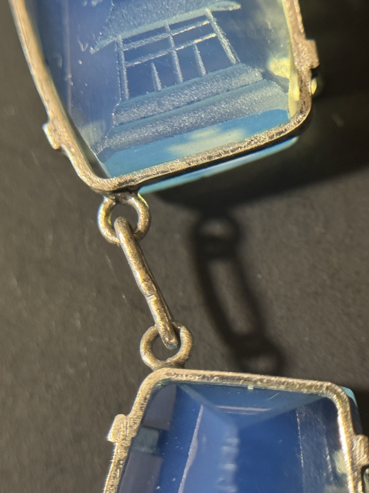 Vintage Japan Silver Pagoda Reverse Carved Opaline Glass Necklace
