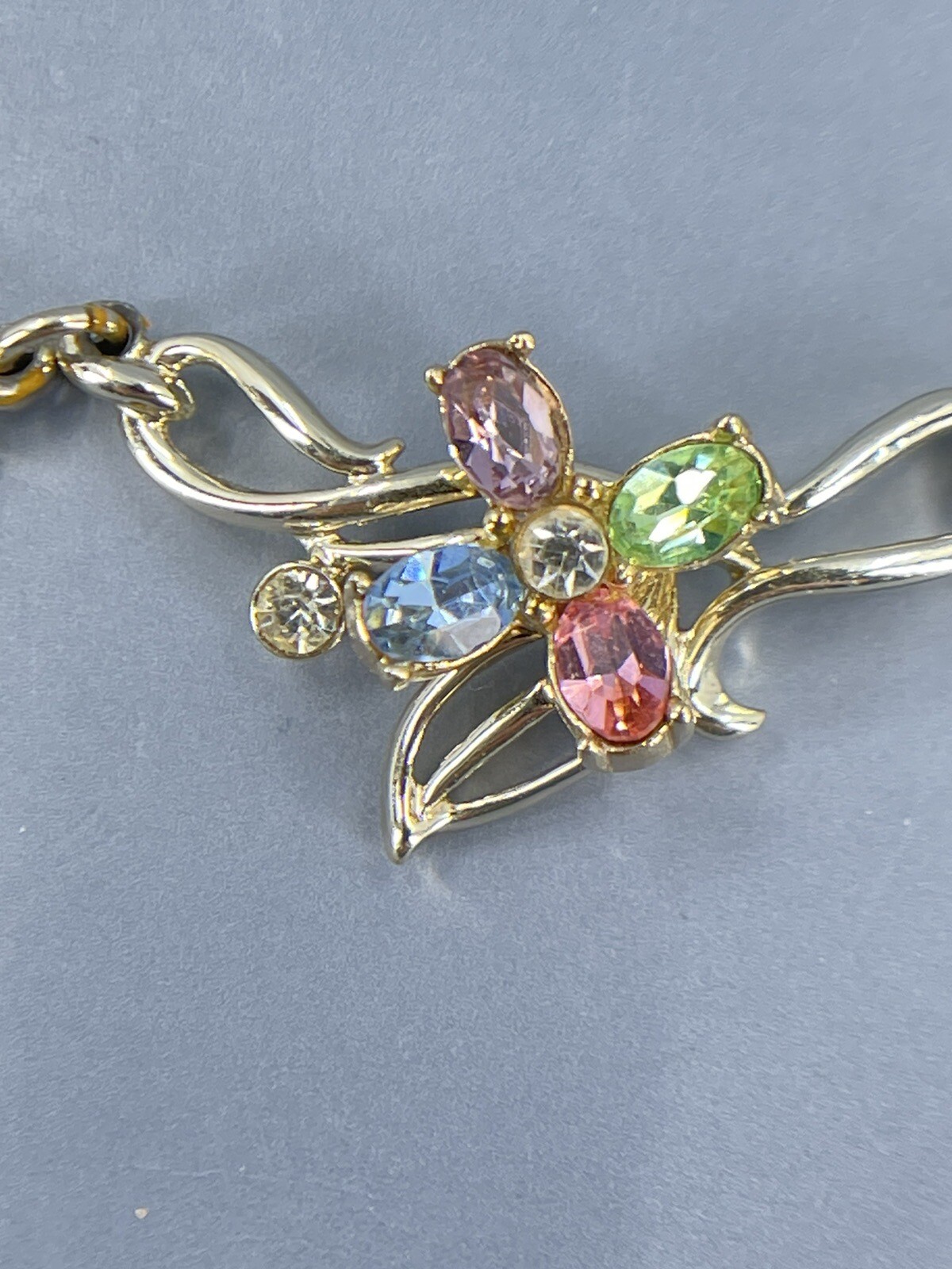 Kramer Flower Necklace Choker multi colored Rhinestones gold tone 15″