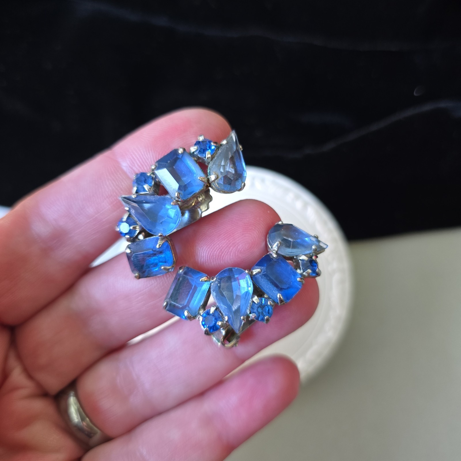Vintage Silver Tone Blue Glass Rhinestones Open Back Earrings Clip on