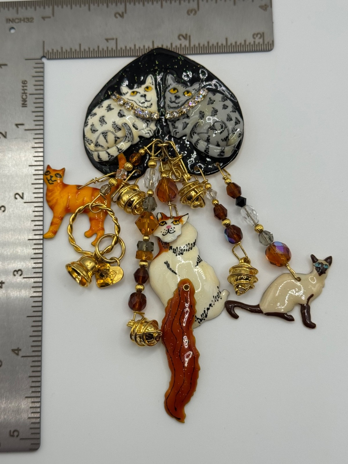 Lunch At The Ritz Cat Rhinestone Enamel Dangle Brooch