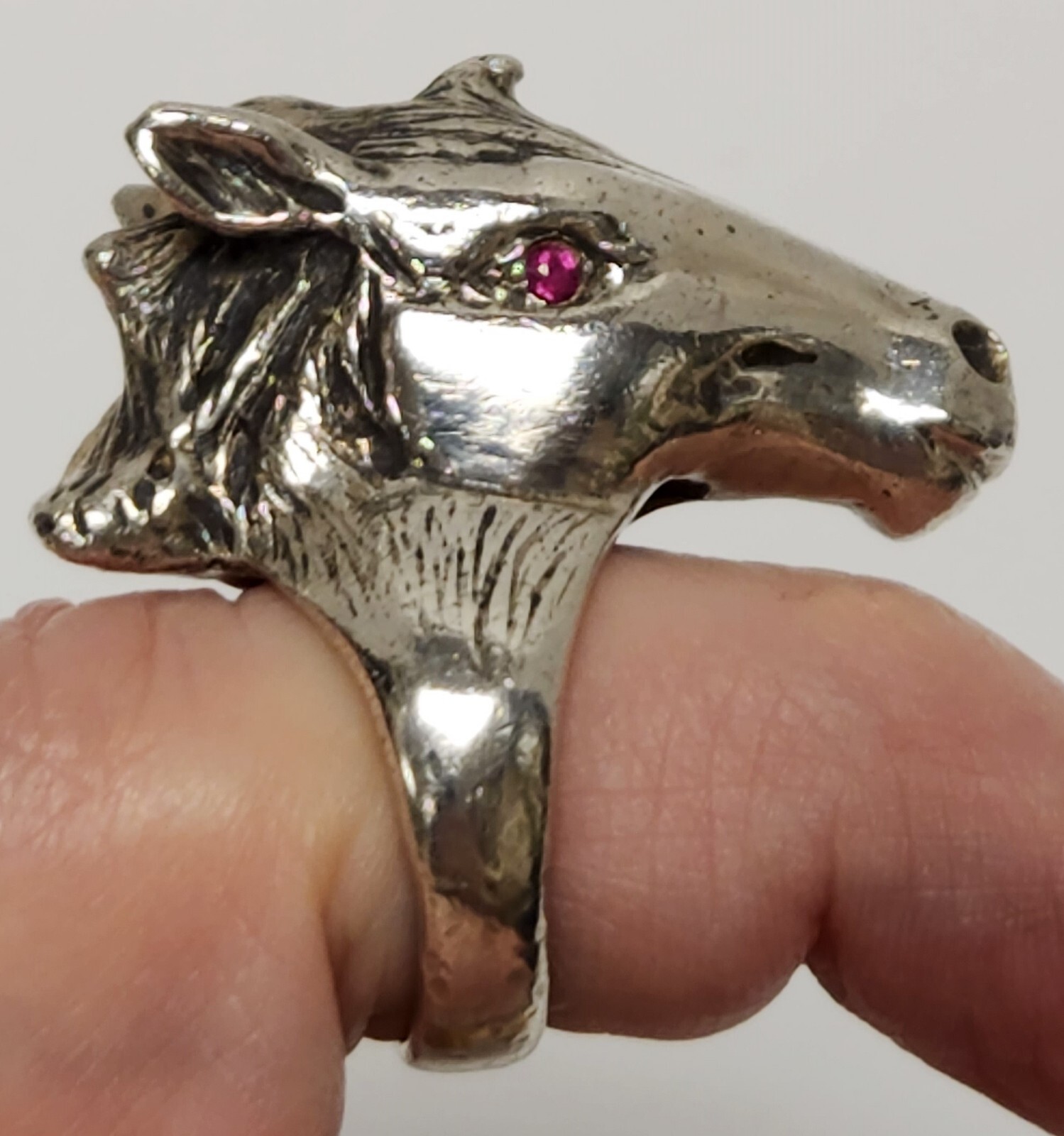 Large Vintage Sterling Silver HORSE HEAD Ring Ruby Eyes Small Size 3 3/4 ~ 30 g