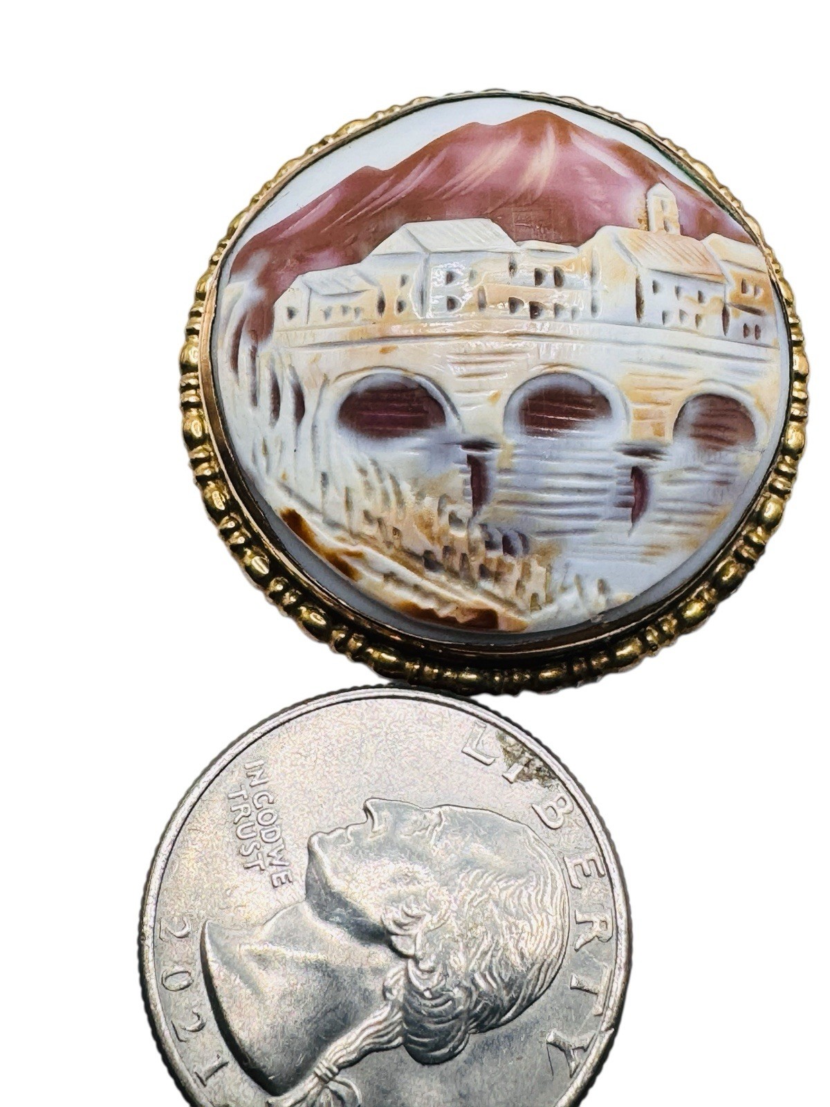 Vintage Gold Filled? Scenic Carved Shell Cameo Brooch Beautiful