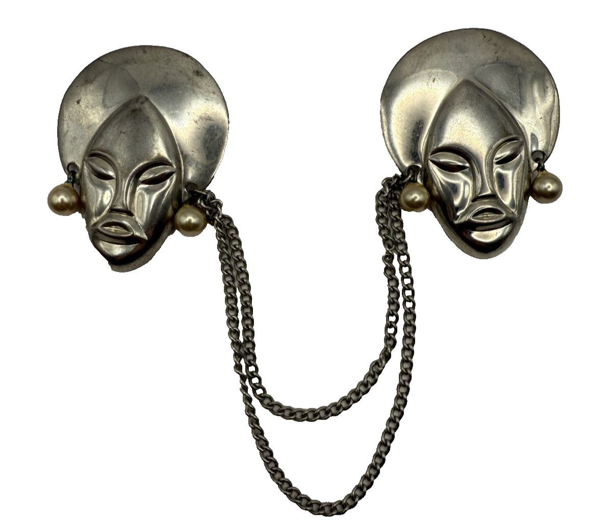 Silver Tone African Sweater Double Pin – Faux Pearl Accents – Retro Jewelry