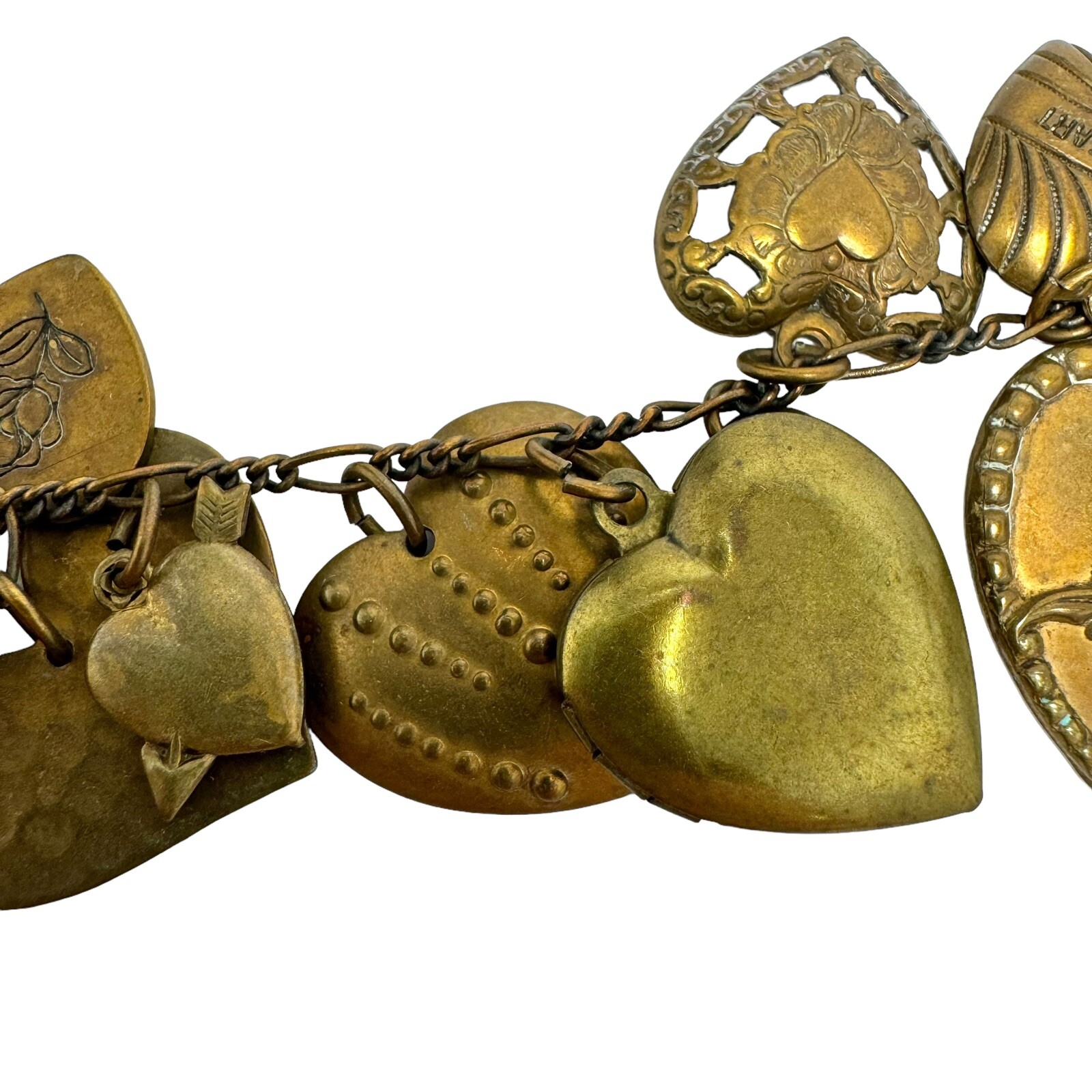 Victorian Style Bronze Color Embossed Fancy Hearts Cherub Charm Bracelet