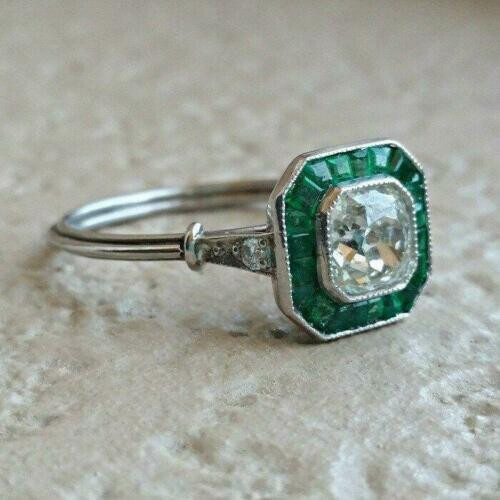 2Ct Art Deco Style Lab Created Diamond Emerald Engagement 14K White Gold FN Ring