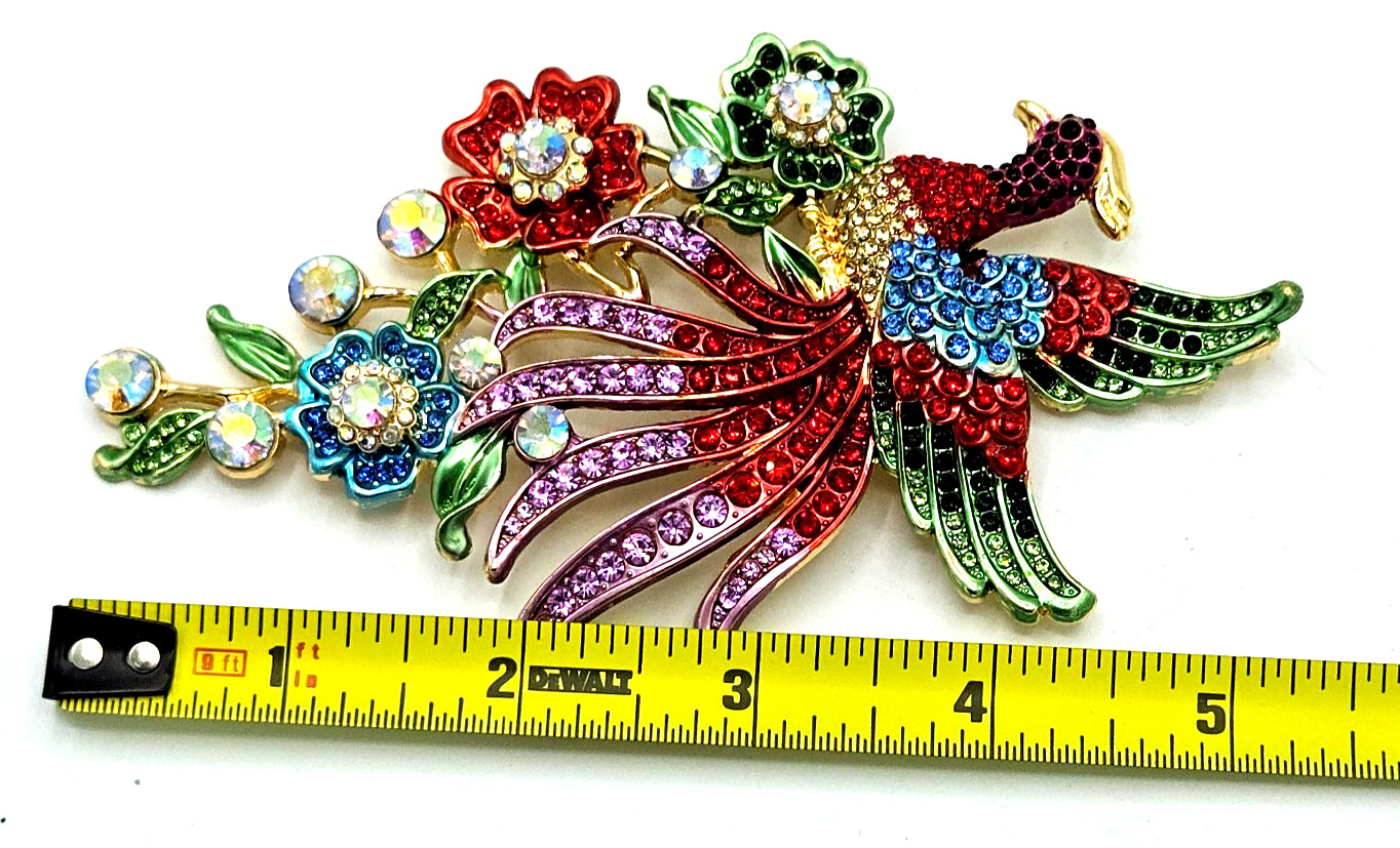 Large Peacock Brooch Pin Multi Colored Crystal Rhinestone Beautiful Gold Tone 5″