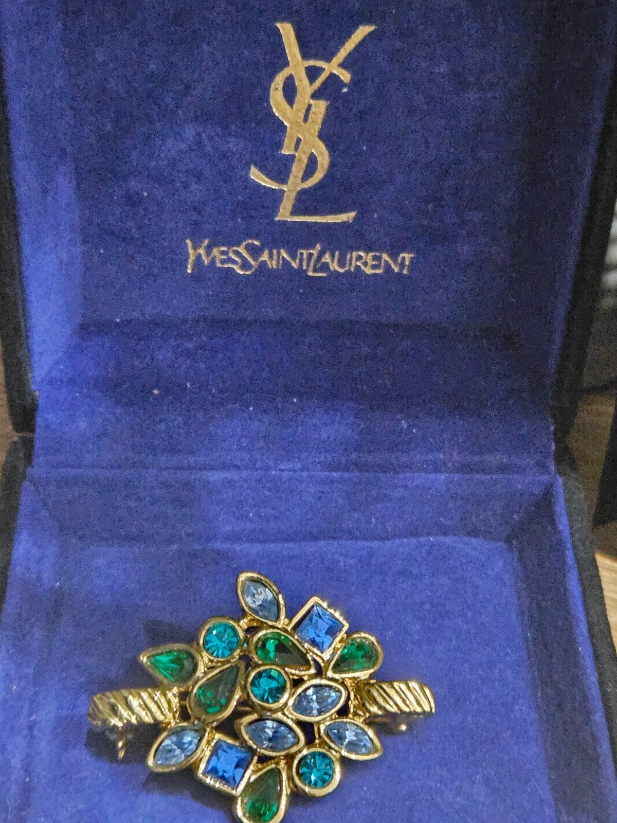 Vintage YSL Yves Saint Laurent Brooch Pin Blue Green Crystal Gold Tone With Box