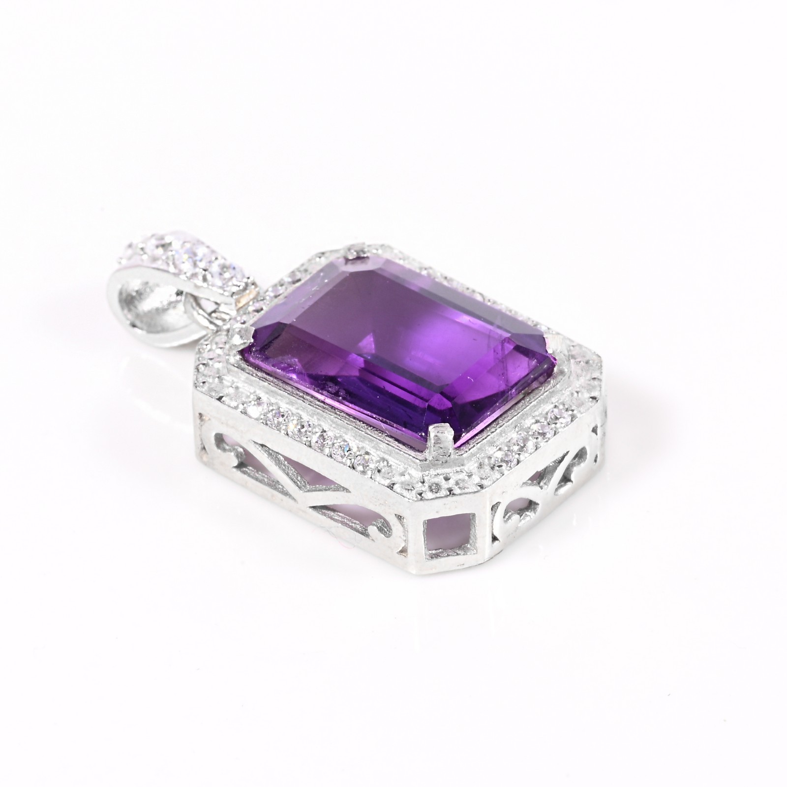 Natural Amethyst 925 Sterling Silver Pendant Emerald Cut Halo Purple Jewelry