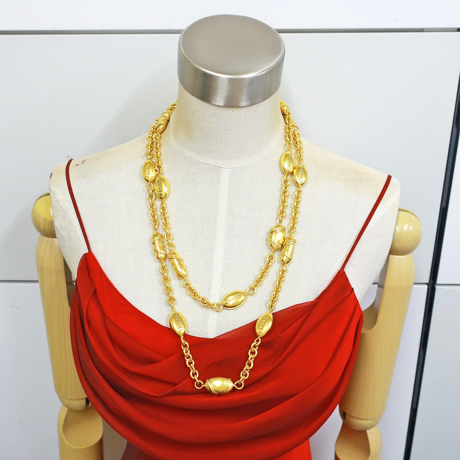 CHANEL Gold Plated CC Logo Vintage Long Chain Necklace Pendant #1320c Rise-on