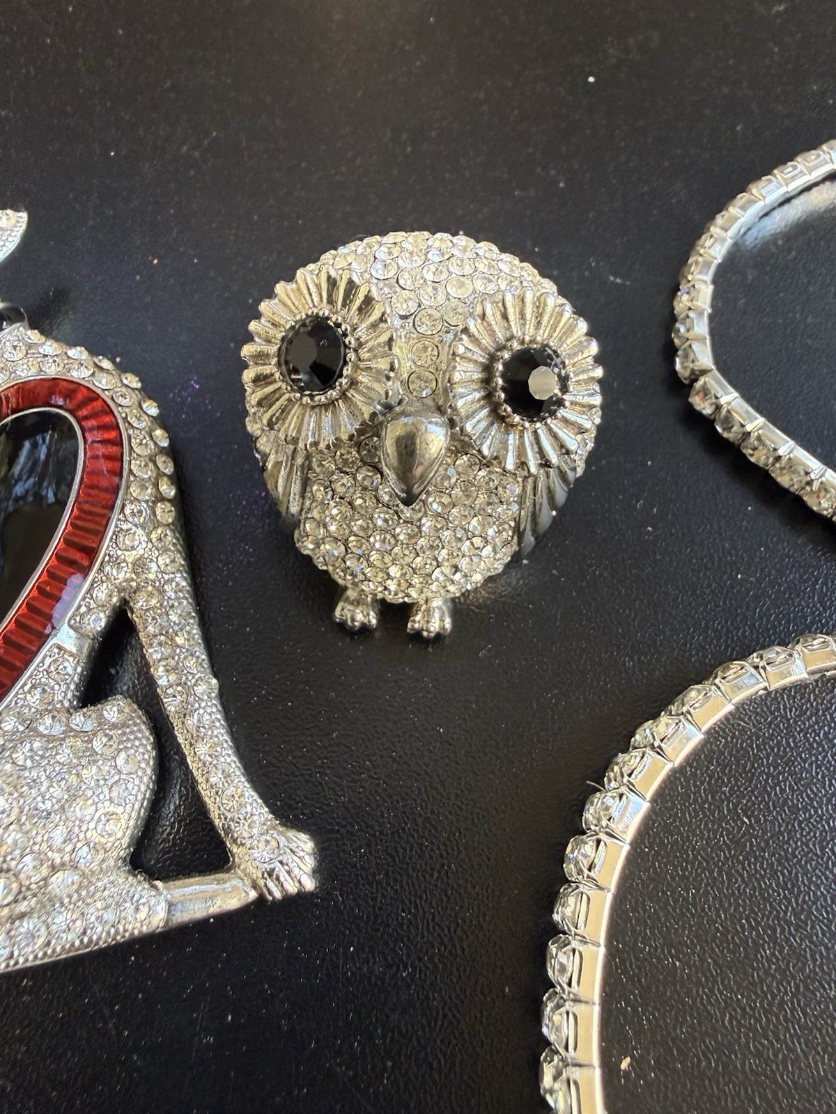 Rhinestone Jewelry Lot – 4 Bracelets, 3 Brooches & 1 Ring, All Crystals Intact