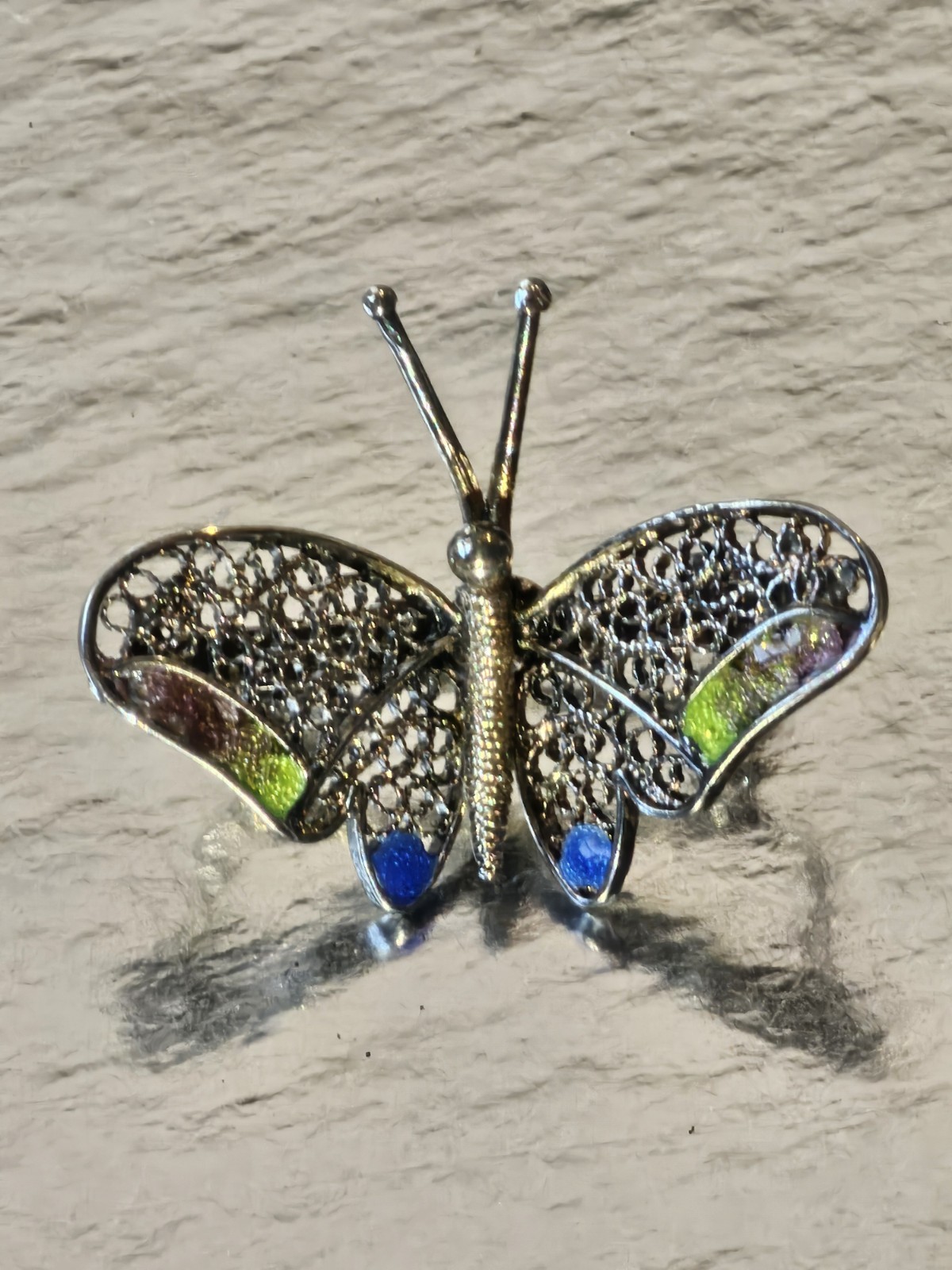 Vintage Art Deco style “Butterfly” brooch: sterling silver,enamel mesh filigree