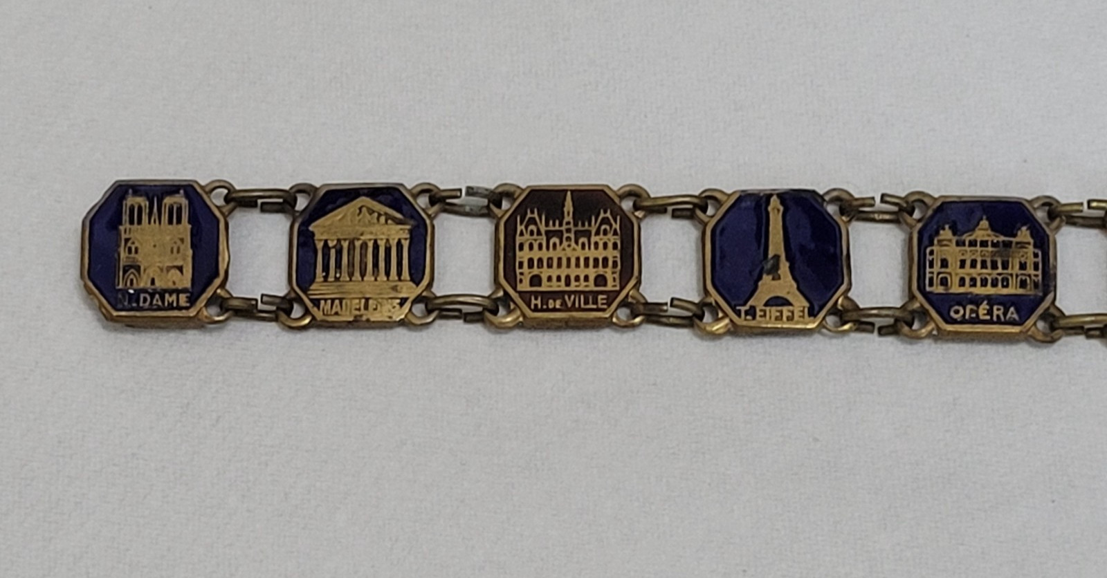 Paris France Souvenir Monuments Etched Enamel Link Brass Clasp Vintage Bracelet
