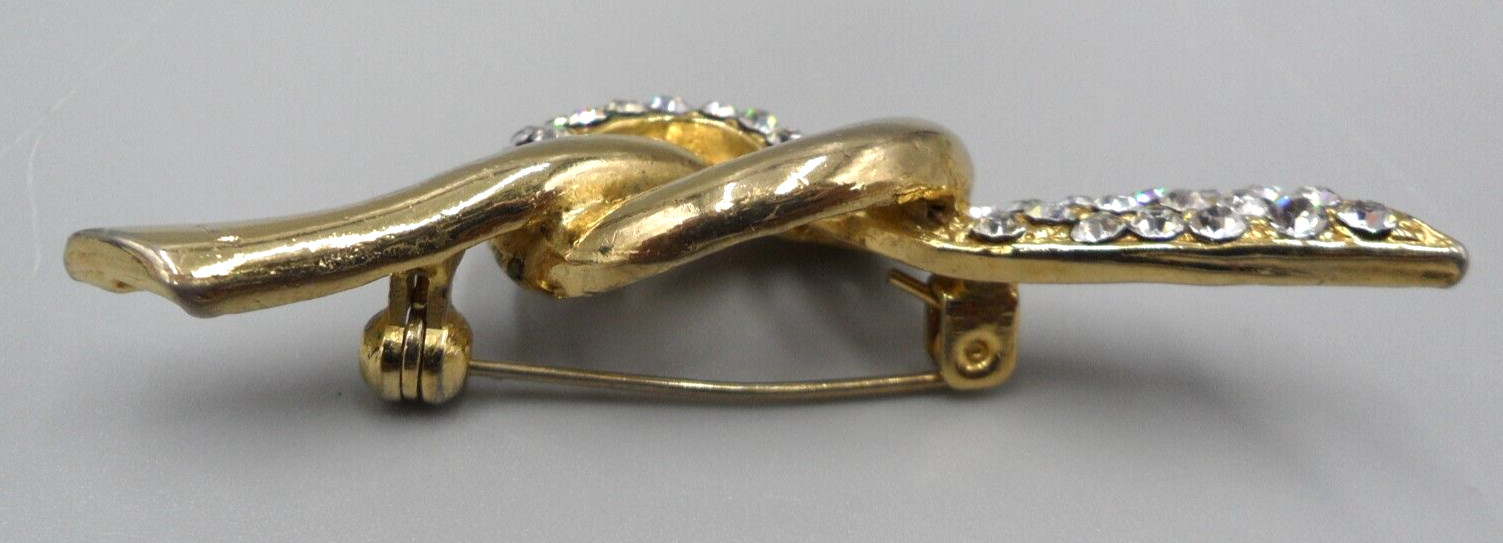 1940s Knot Brooch Clear Pave Rhinestone Ribbon Gold Tone Signed Vintage 2.5″