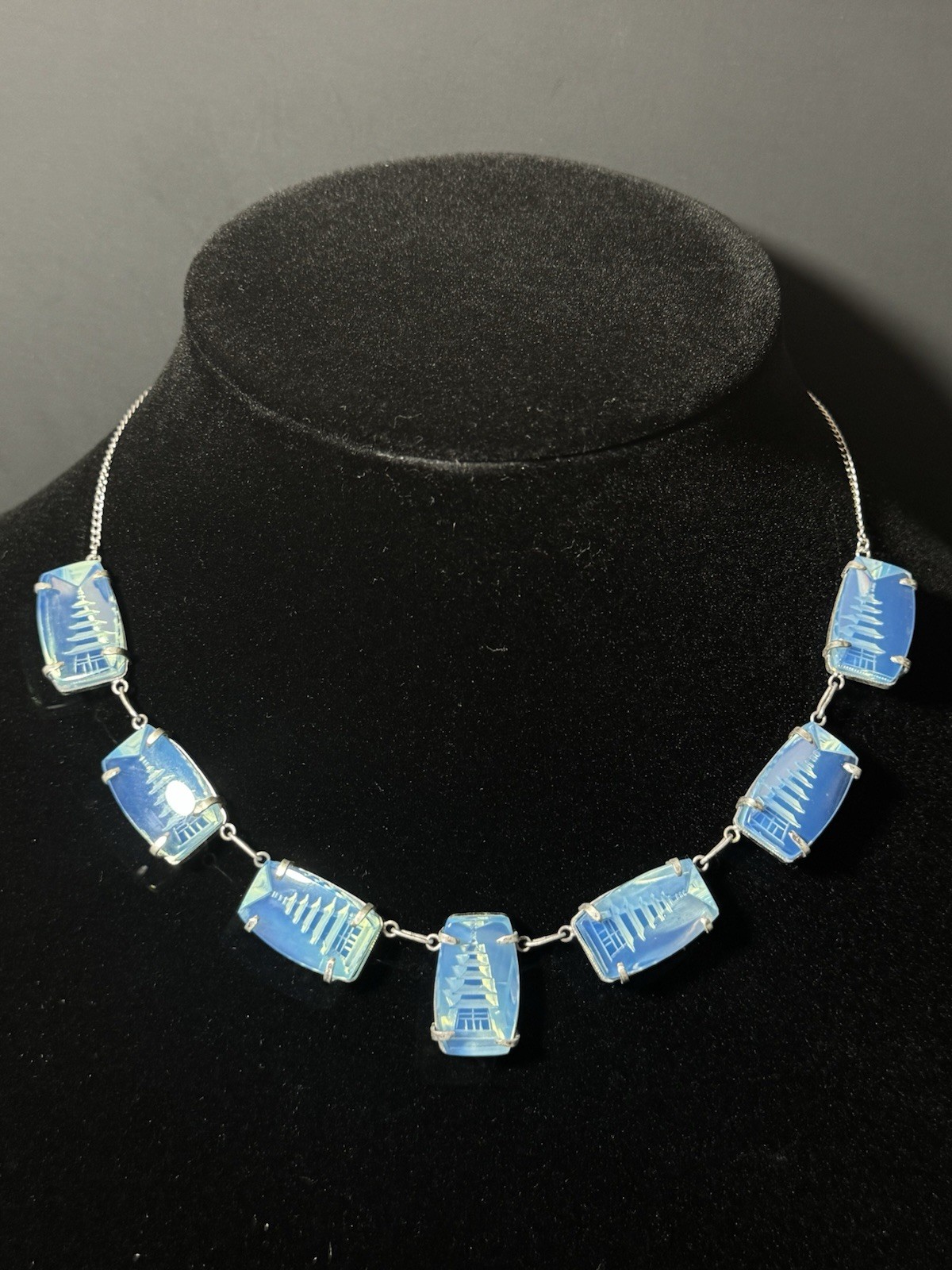 Vintage Japan Silver Pagoda Reverse Carved Opaline Glass Necklace