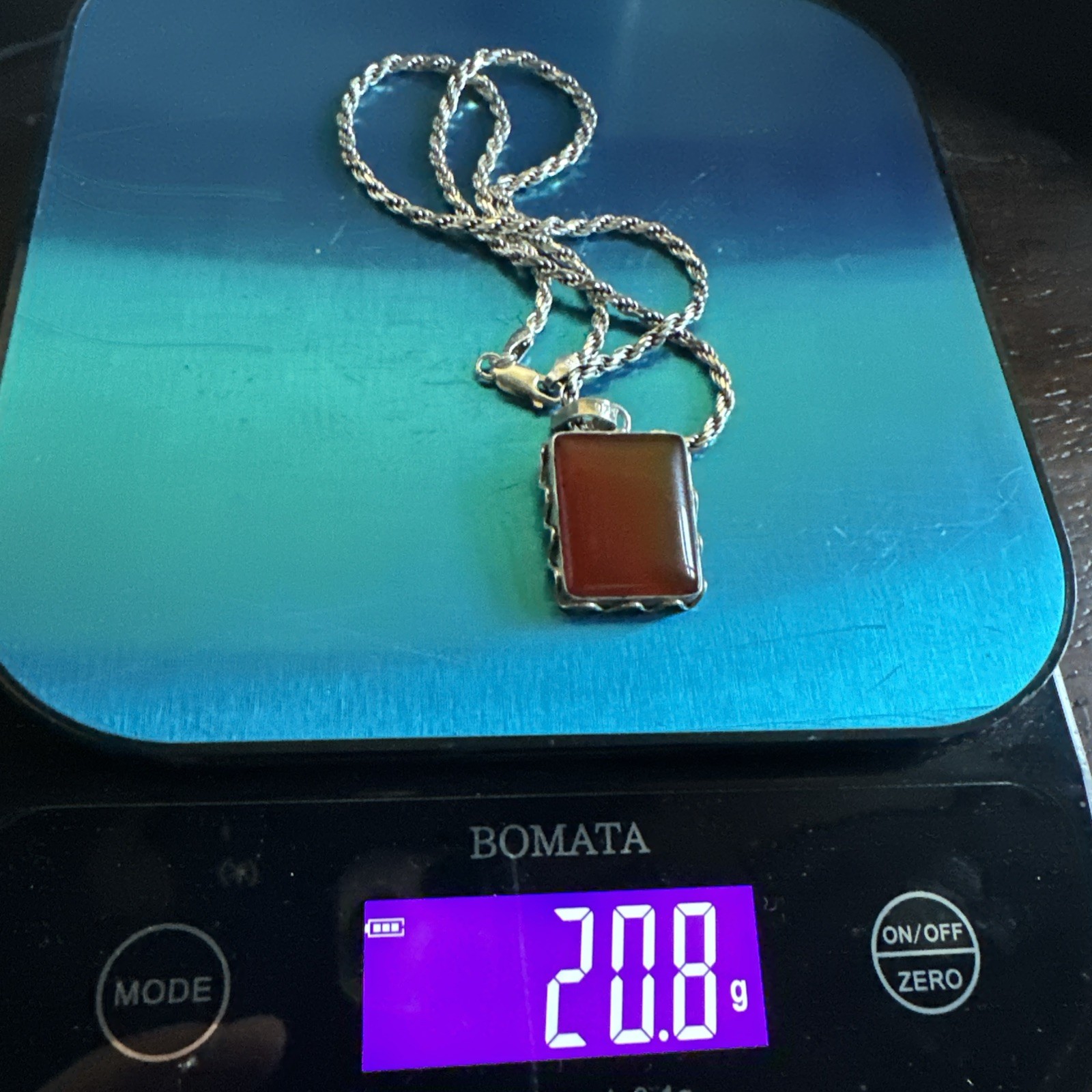 VTG Artisan Pendant Necklace 19 Inch Red Orange Carnelian Agate Sterling 20.8g