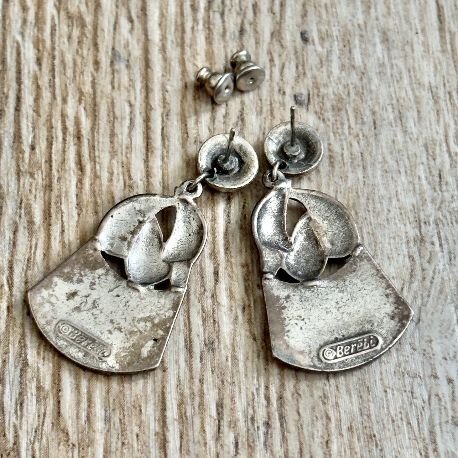 Vintage Edgar Berebi Blue Enamel Bird Dove Silver Tone Dangle Pierced Earrings