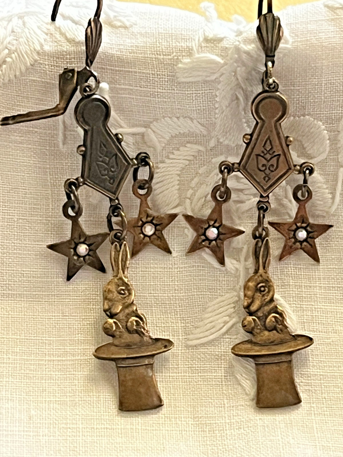 Bronze-Toned Antique-Style Chandelier Dangle Earrings, Stars, Rabbit in Hat 2.5″
