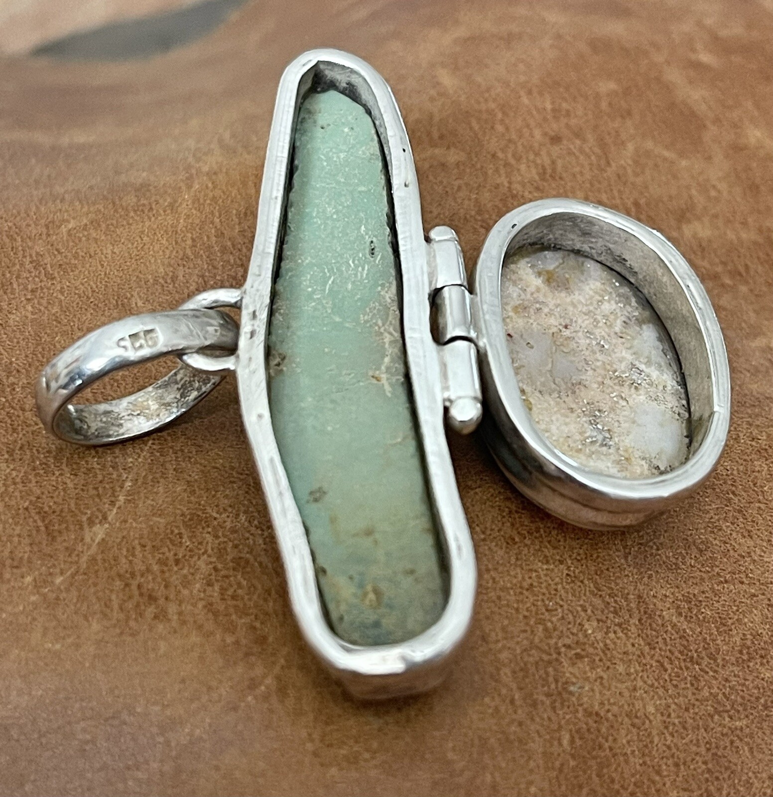 Vintage 925 Green Turquoise, Jasper Artist Created Lizard Motif Large Pendant